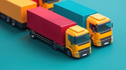 Colorful toy trucks with shipping containers arranged on a bright teal background, showcasing a playful and vibrant transportation theme.
