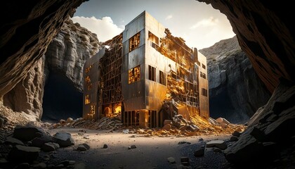 a white and gold building near a cave in the mountains