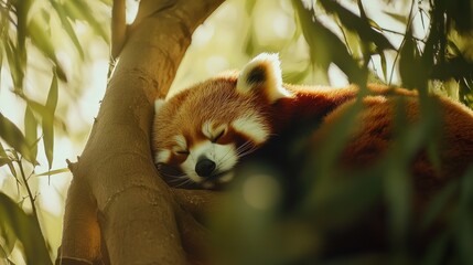 Naklejka premium Red Panda Napping in a Tree