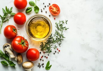 Fresh Ingredients for Culinary Delights Featuring Juicy Tomatoes, Olive Oil, Fresh Herbs, and Mushrooms on a Light Stone Background for Cooking Inspiration