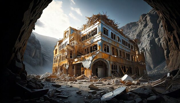 a white and gold building near a cave in the mountains