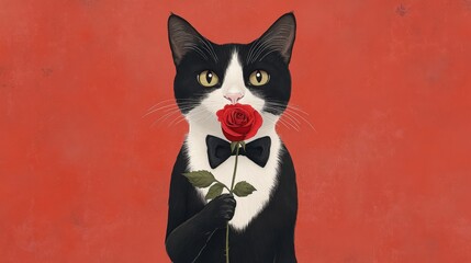 Tuxedo Cat Holding a Single Red Rose