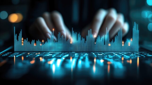 A futuristic visualization of stock market data analysis using binary code and a dynamic bar graph displayed on a digital interface. Ideal for fintech or investment apps.