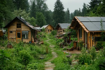 Wooden cabins, lush gardens, stone path, forested backdrop.