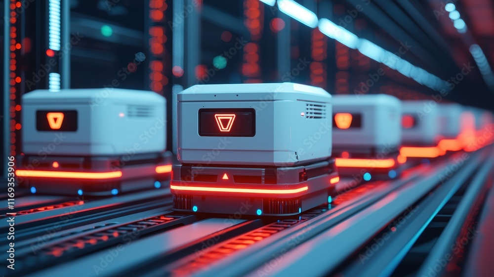 Poster a futuristic scene featuring robotic delivery units navigating through illuminated storage racks in 
