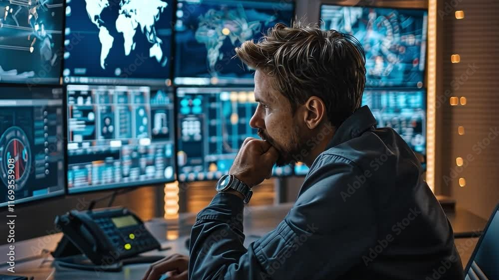 Poster A focused individual analyzes complex artificial intelligence data in a modern control room filled with high-resolution screens.