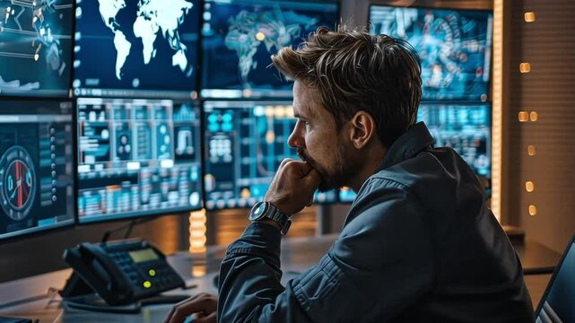 A focused individual analyzes complex artificial intelligence data in a modern control room filled with high-resolution screens.
