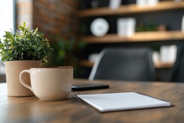A serene workspace featuring a cozy cup, a lush green plant, and a notepad, ideal for a relaxed and productive environment free from distractions.