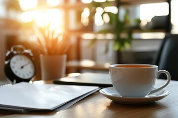A warm scene capturing evening light spilling over a cup of tea, a notepad, and a clock, evoking feelings of relaxation and reflection at the end of the day.