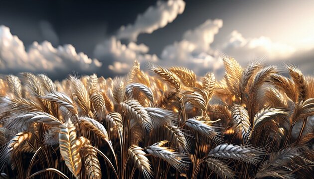 an epic field of wheat, silver and gold, storm is coming