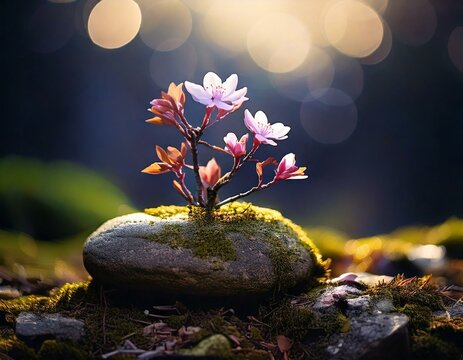 a shine of hope in the meddle of nowhere, a flower growing from a rock.