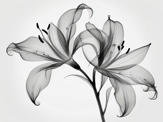 X-ray style image of two delicate lilies, showcasing detailed floral structure