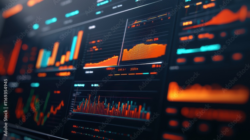 Poster a vibrant data visualization dashboard displaying various graphs and charts, emphasizing trends in o