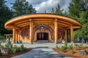 Obraz premium Wooden structure, carved art, landscaping, outdoor setting.