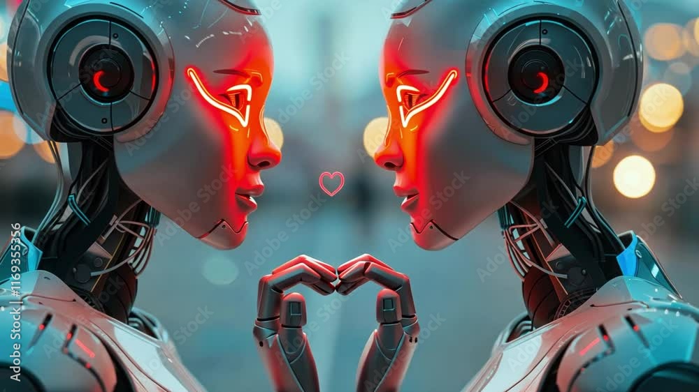 Fototapete two advanced robots are depicted facing each other, illuminated with red light, forming a heart shap