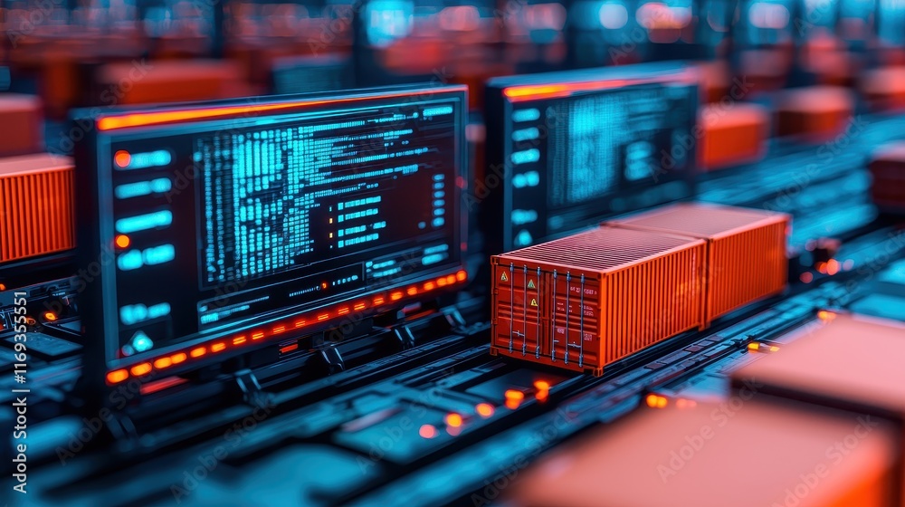 Poster a futuristic data center with glowing screens displaying code, surrounded by storage containers, emp
