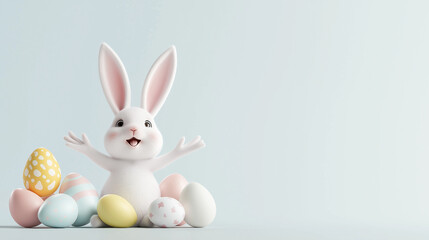 Happy easter bunny character welcoming with open arms among colorful easter eggs on pastel background with space for text or ads