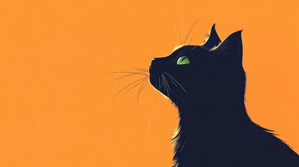 Silhouette of a Cat with Bright Green Eyes Against an Orange Background
