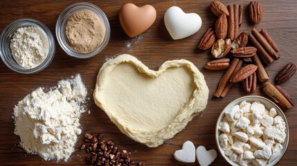 Fototapeta premium Raw dough and ingredients for preparing tasty heart shaped cookies on wooden background. Valentines Day celebration