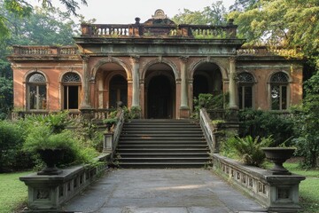 Obraz premium Overgrown mansion, weathered stone, grand staircase.