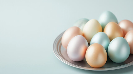 Pastel easter eggs showing iridescent metallic sheen on silver platter with copy space for text