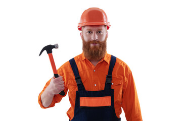Surface repair. Carpentry and repairing. Repairman in uniform has hammer. Bearded repairman with hammer. Workman repairing with hammer isolated on white. Repair man work