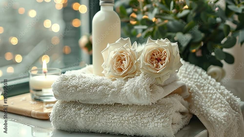 Poster Soft white towels and delicate roses are arranged on a table, creating a calming atmosphere. Natural light streams in, enhancing the peaceful setting with a candle and greenery nearby.