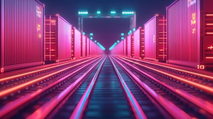 A futuristic scene featuring vibrant neon lights illuminating a railway lined with shipping containers, creating a striking perspective.