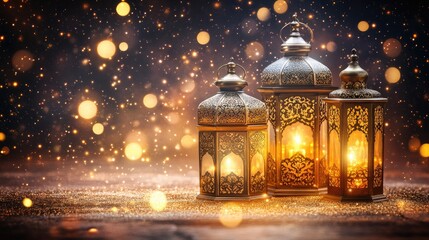 Obraz premium Three ornate lanterns glow against a backdrop of sparkling bokeh. Ideal for Ramadan, Eid, or other festive occasions.
