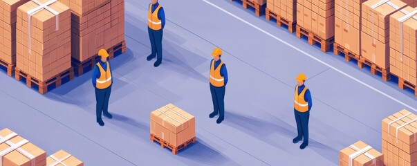 A digital illustration of warehouse workers in safety gear, standing among stacks of boxes, emphasizing teamwork and safety in an industrial setting.
