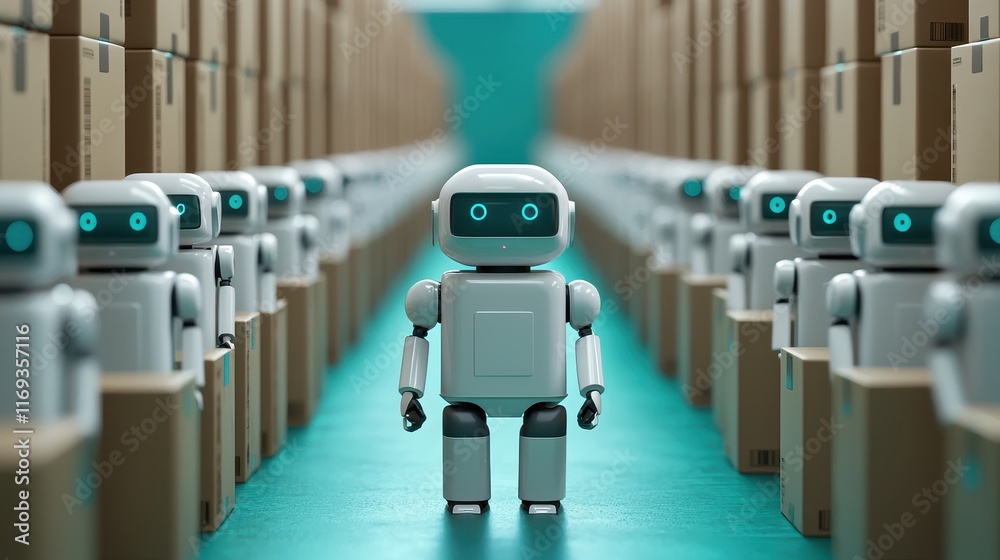 Poster a small robot stands in a warehouse aisle, surrounded by identical boxes and multiple similar robots