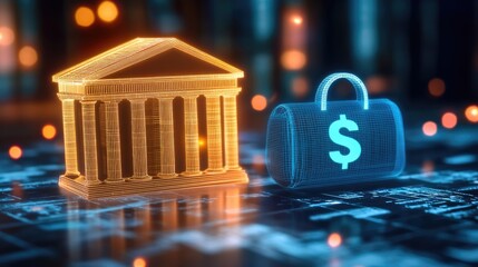 Digital banking and finance concept. Wireframe bank building and dollar briefcase. Fintech online banking and investment solution. Futuristic money transfer technology application.