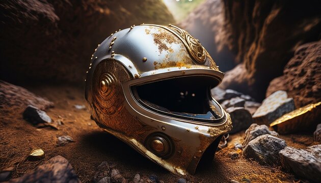 a helmet made of metal and rusted in the mountains