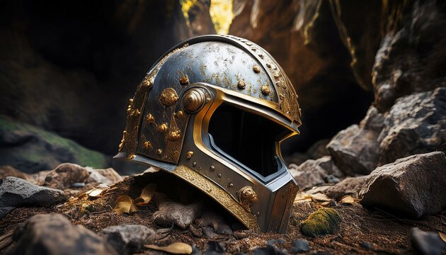 an armor helmet made of metal and gold in the mountain