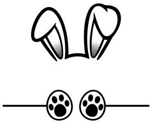 Black and white line art illustration of bunny ears and paws with a playful and minimalist design. Perfect for Easter themed or animal-related creative projects.