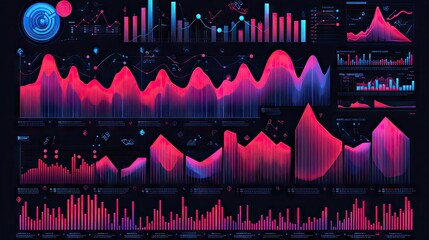 Futuristic HUD infographic with glowing charts and graphs. Ideal for data visualization in sci-fi or tech interfaces. Perfect for dashboards and presentations.