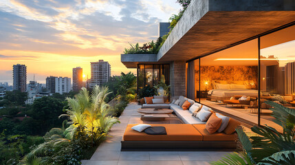 A tropical rooftop terrace with lounge seating and a panoramic city view