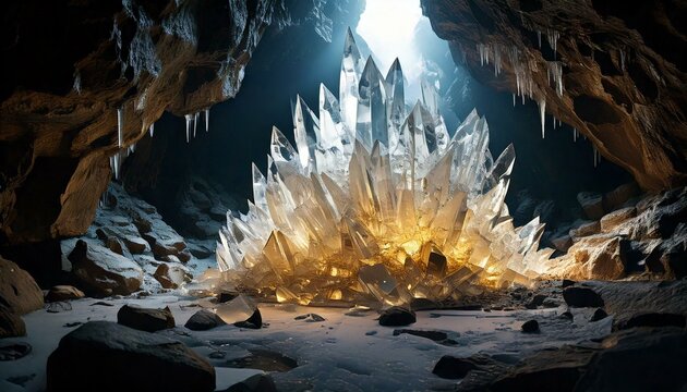 awesome crystals with epic lighting in a cave, in the mountains  