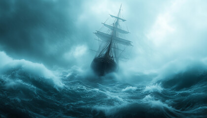 visual of a flying dutchman in stormy seas