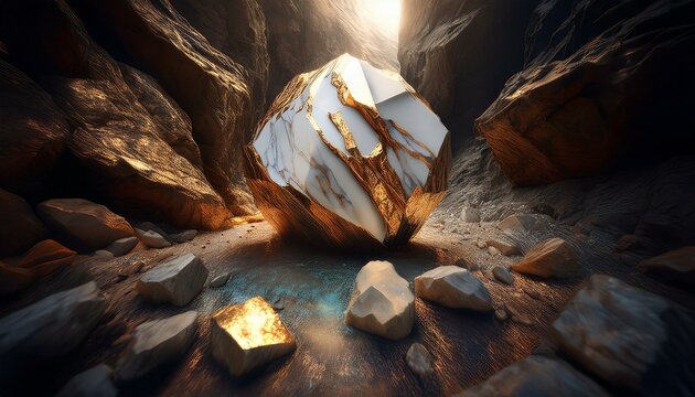 Mountains and rocks made of marble and gold, cave, sky