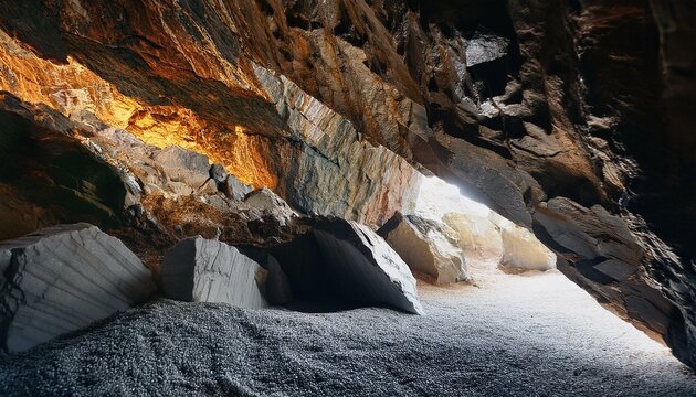 Mountains and rocks made of marble and gold, cave, sky