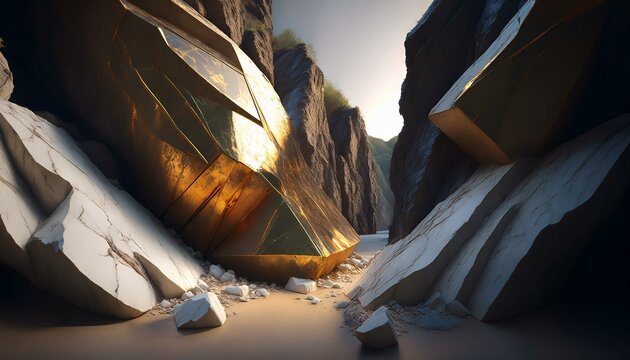 Mountains and rocks made of marble and gold, cave, sky
