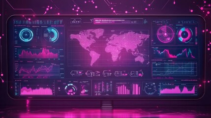 Obraz premium A futuristic digital dashboard displays global data analytics with charts graphs and a world map. Ideal for visualizing complex information in tech or business presentations.