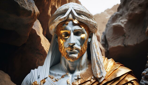 statue of Arab person made of white marble and gold, in the mountains, Historical