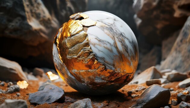 Ball made of white marble and gold, in the mountains