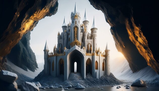 An epic castle made of white marble and gold, in the mountain, snow, sunset, wonderful