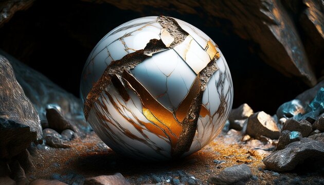 Ball made of white marble and gold, in the mountains