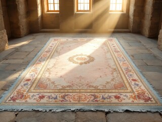 Obraz premium Intricate islamic prayer rug in sunlit room - cultural and spiritual symbolism for interior decor