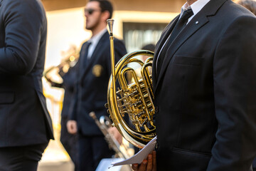 Band musicians with their instruments on the street. Typical music bands in Spain.