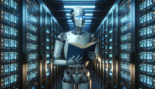 A robot reading a book, symbolising the training of AI algorithms and system updates.